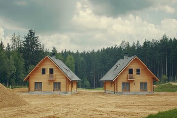 Obraz premium Two light-tan wooden houses, newly constructed, sit on a sandy lot amidst a dark green forest