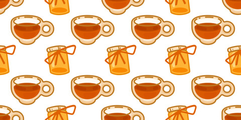 Seamless Tea Honey Jar Pattern. Seamless pattern with cartoon tea cups and honey jars tied with ribbon in warm colors. Flat style illustration on white background.