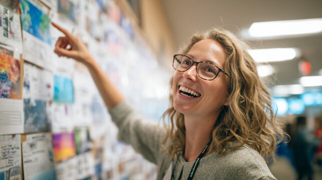 Enthusiastic Educator: A beaming woman with glasses points at a collage of maps and documents, sharing her knowledge with an undeniable passion, illustrating the heart of educational exploration. - Powered by Adobe