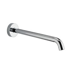 Modern design chrome metallic shower arm, sleek polished finish, cylindrical form, angled curve, wall-mounted, full object visible on pristine transparent background, even studio lighting. Concept for