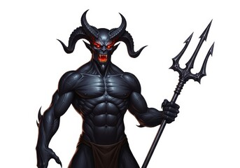 Obraz premium Muscular Demon with Trident - A powerful, muscular demon with glowing red eyes holds a trident. Symbolizing power, darkness, evil, temptation, and mythology