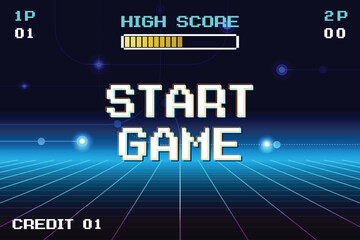 START GAME. pixel art .8 bit game. retro video game. for game assets. Retro Futurism Sci-Fi Background. glowing neon grid and star from vintage arcade computer games