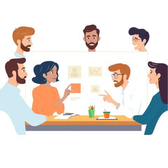 Fototapeta premium A group of six colleagues are taking part in a virtual team lunch. Everyone is contributing ideas, and a few are pointing at the board or screen.