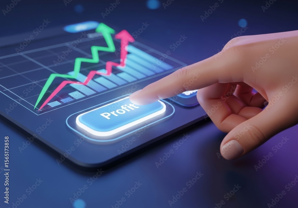 Poster pressing profit button on upward trending graph - hand interacts with a interface showing a rising g