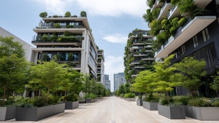 sustainability architecture features a green building with vertical gardens and tree-lined balconies, enhancing urban living