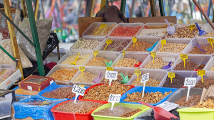 Mix Nuts and Dried Fruits in Bulk at Farmers Market Stall