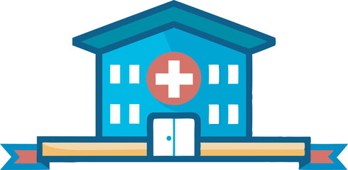 A simplified, colorful illustration of a hospital building with a prominent medical cross