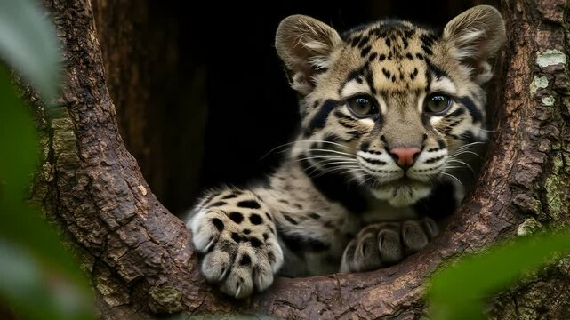 Adorable Ocelot Kitten Resting Inside Hollow Tree Trunk in Jungle