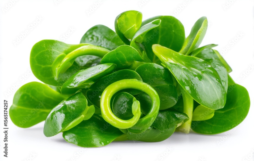 Poster selective focus is applied to a microgreen salad that has been isolated on a white background