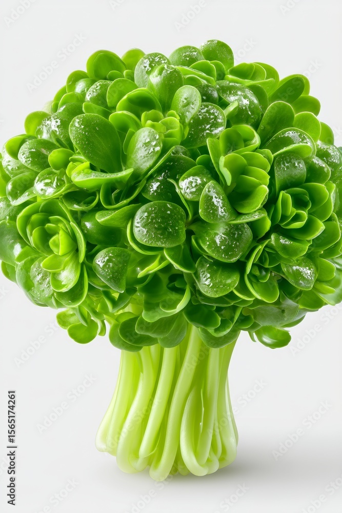 Poster selective focus is used to isolate a radish microgreen on a white background