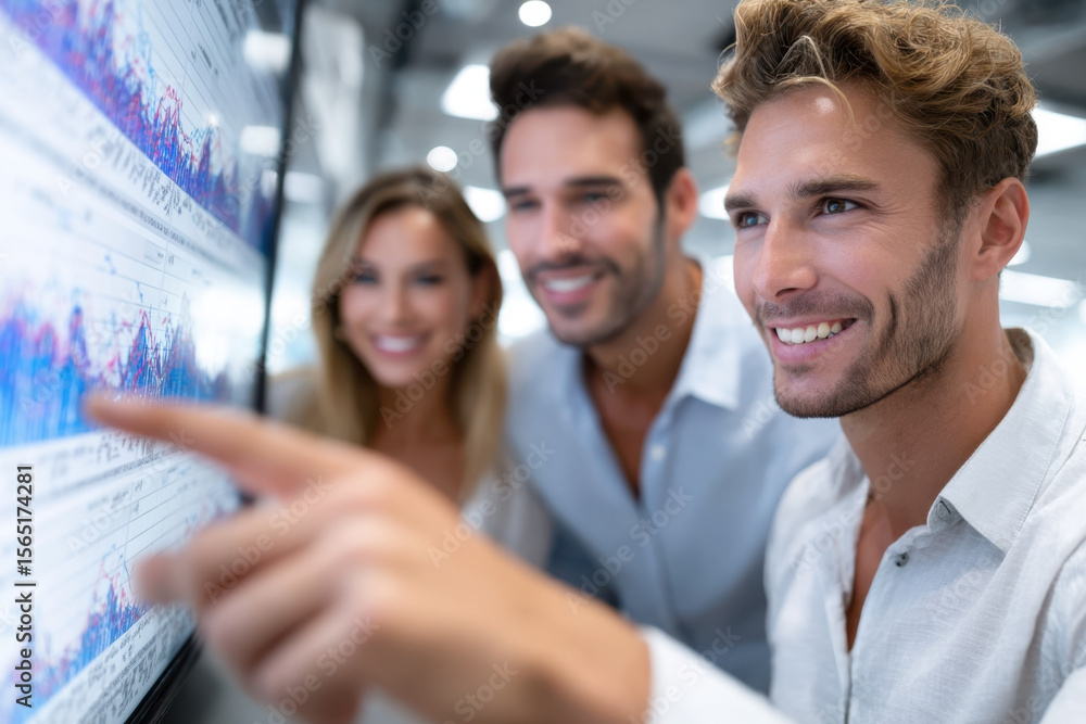 Poster group of colleagues analyzing data on a screen in a modern office setting