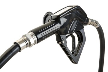 Detailed closeup showcasing a sleek, black fuel nozzle against clean white background.