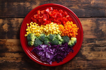 Colorful Rainbow Salad with Fresh Chopped Vegetables – Healthy Vegan Food on Rustic Wooden Background