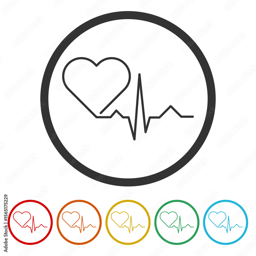 Poster heart pulse, one line icon. set icons in color circle buttons