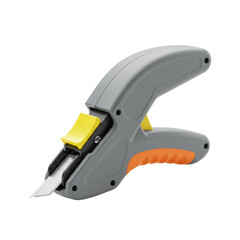 New gray industrial plastic masking film dispenser with a sharp metal blade and yellow accent, isolated on a transparent seamless studio background, evenly lit with no shadows, professional product