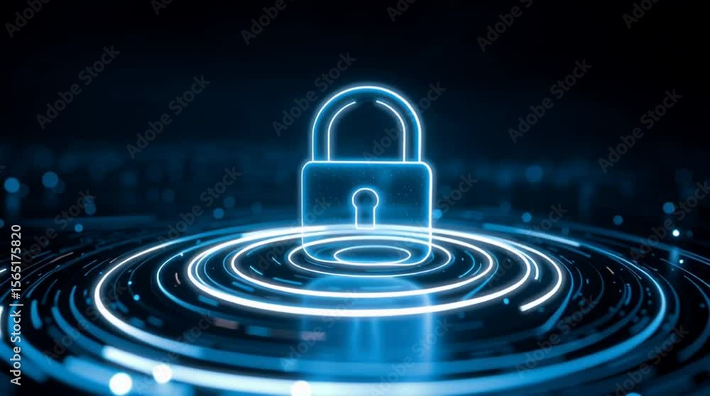 Poster digital security symbol: futuristic lock and data waves on dark background