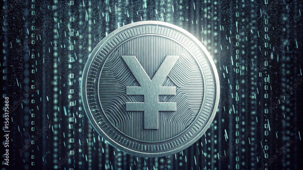 Poster Digital Yuan Coin Surrounded by Rain of Binary Code in Gigapixel Quality