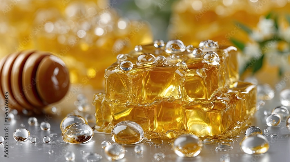 Poster sunlight illuminates a close-up golden honeycomb pattern, highlighting sparkling droplets on an abst