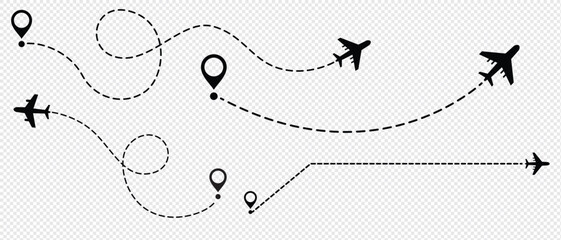 Airplane line path vector icon of air plane flight route with start point and dash dotted line trace. Love travel route. Airplane routes. Travel vector icon.