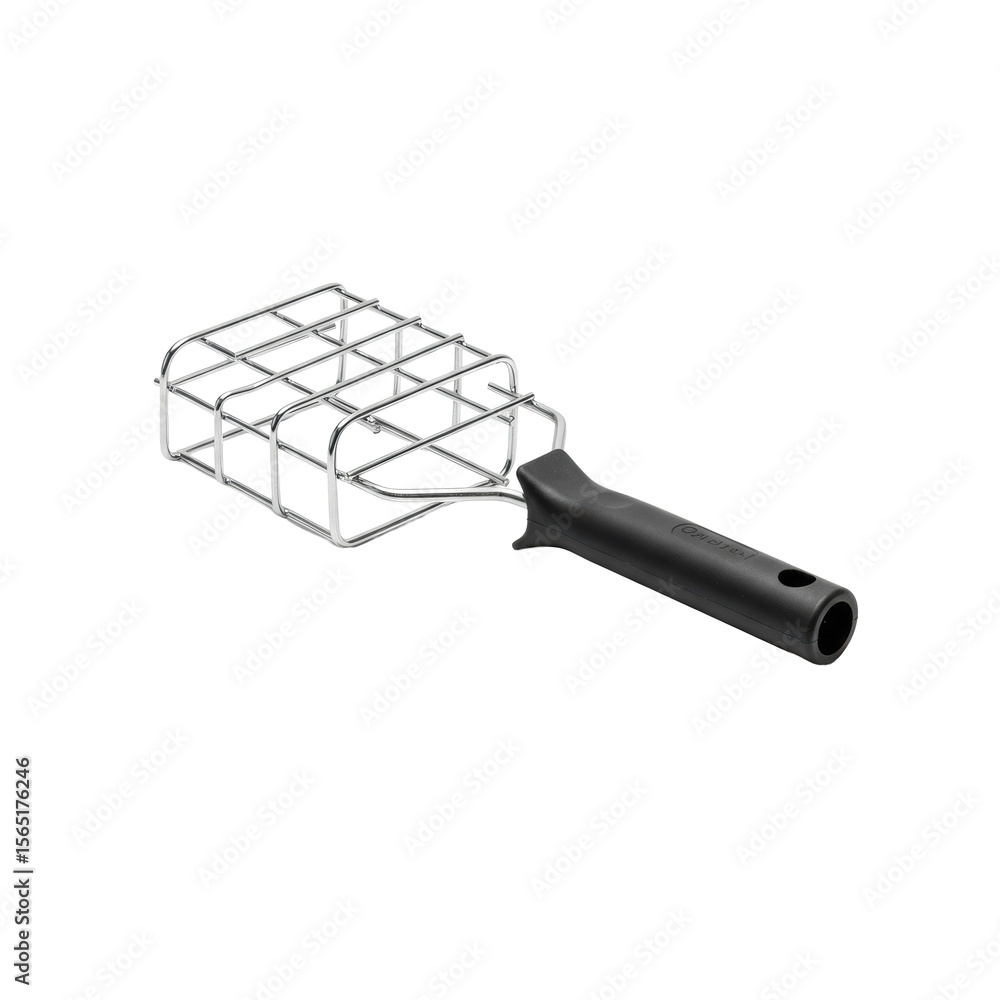 Poster a standalone mini paint roller frame with a slender metallic wire cage and an ergonomic handle, pres