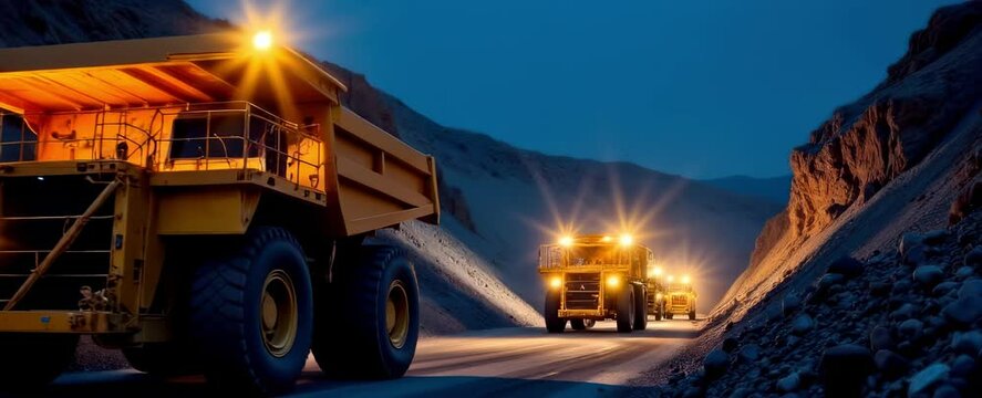 Heavy yellow trucks haul ore along a road at night. A Nevada copper mine bustles with activity under a dark sky illuminated by the machinery's bright headlights.