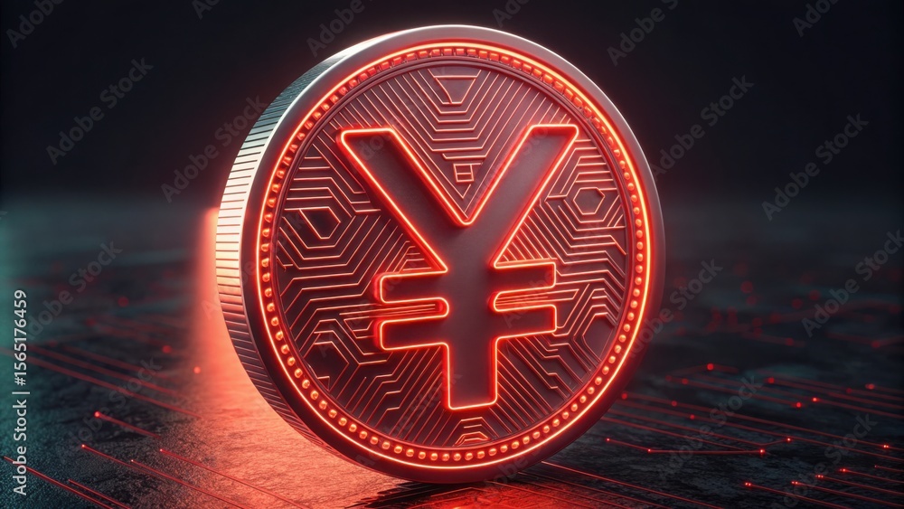 Poster digital yuan coin in neon red glow on futuristic background