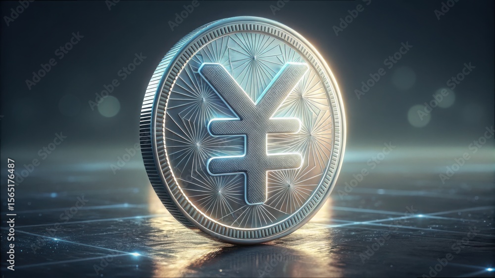Poster digital yuan coin on reflective surface in gigapixel quality