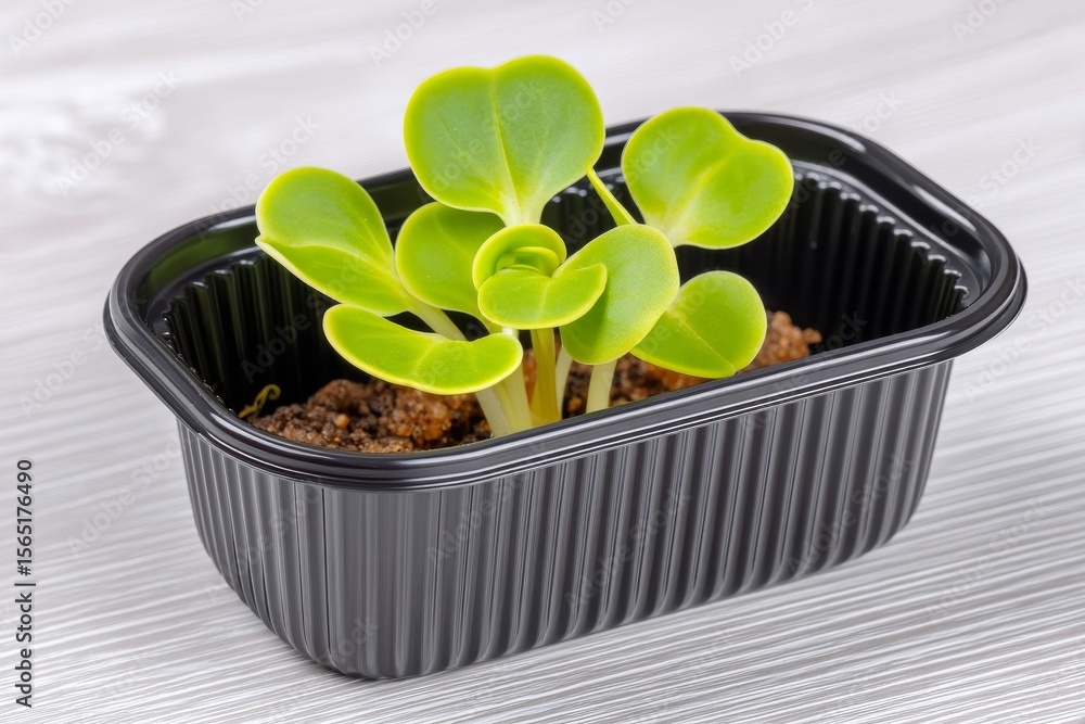 Poster pink-hued amaranth microgreens sprouting from a black substrate on the windowsill demonstrate a mode