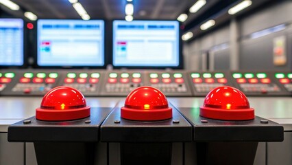 The control rooms emergency protocol station featuring bright red emergency buttons and flashing lights that signal critical alerts and safety measures..