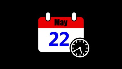 22 may month calendar with time symbol. Simple calendar icon animation and date change of time month.