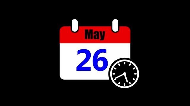 26 may month calendar with time symbol. Simple calendar icon animation and date change of time month.