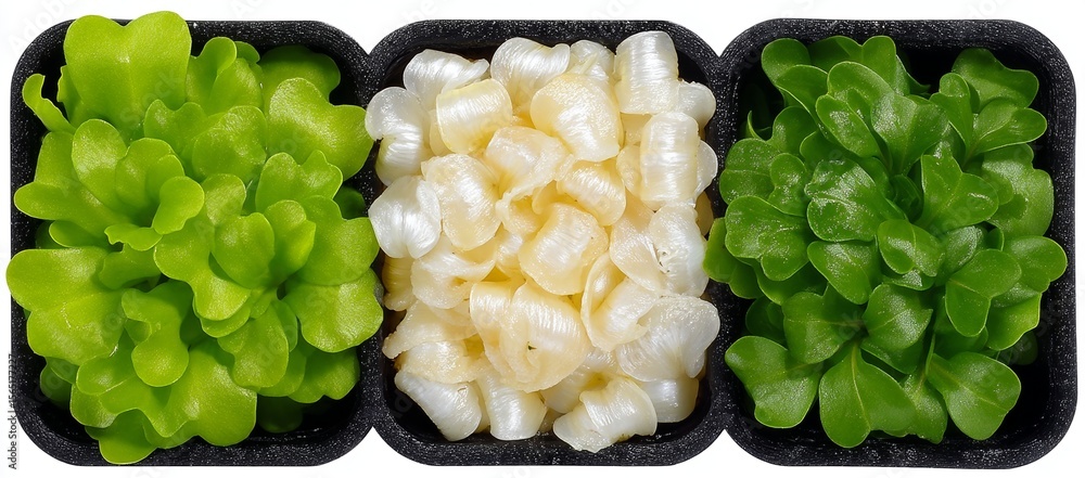 Poster a white background serves as the setting for several containers filled with assorted microgreens, wi