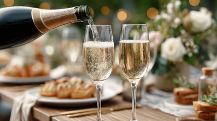 Champagne is being poured into glasses at an outdoor wedding party surrounded by nature, adding a festive touch to the celebration