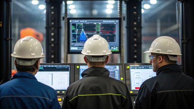 Workers in hard hats gathered around a digital display intently monitoring realtime data from the drilling console reflecting the hightech nature of operations..