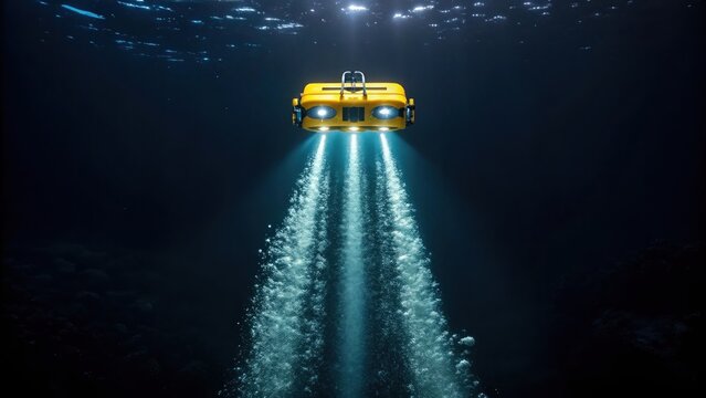 A captured moment of the platforms submersible remotely operated vehicle ROV descending into the depths leaving a trail of bubbles behind..