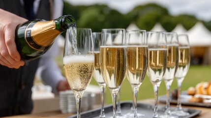 Naklejka premium Champagne is being poured into glasses at an outdoor wedding party surrounded by nature, adding a festive touch to the celebration