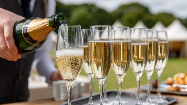 Champagne is being poured into glasses at an outdoor wedding party surrounded by nature, adding a festive touch to the celebration - Powered by Adobe