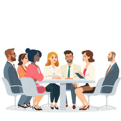 A group of ten executives are discussing the agenda for an upcoming event. The setting is modern, with clean lines and natural light.