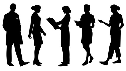 Set of nurse and doctor silhouettes in professional poses — standing, walking, talking, writing, and using medical tools. Ideal vector set for healthcare, hospital, and medical design themes.