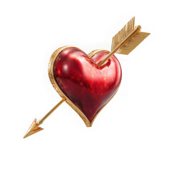 Red heart pierced by golden arrow on white background close up studio shot