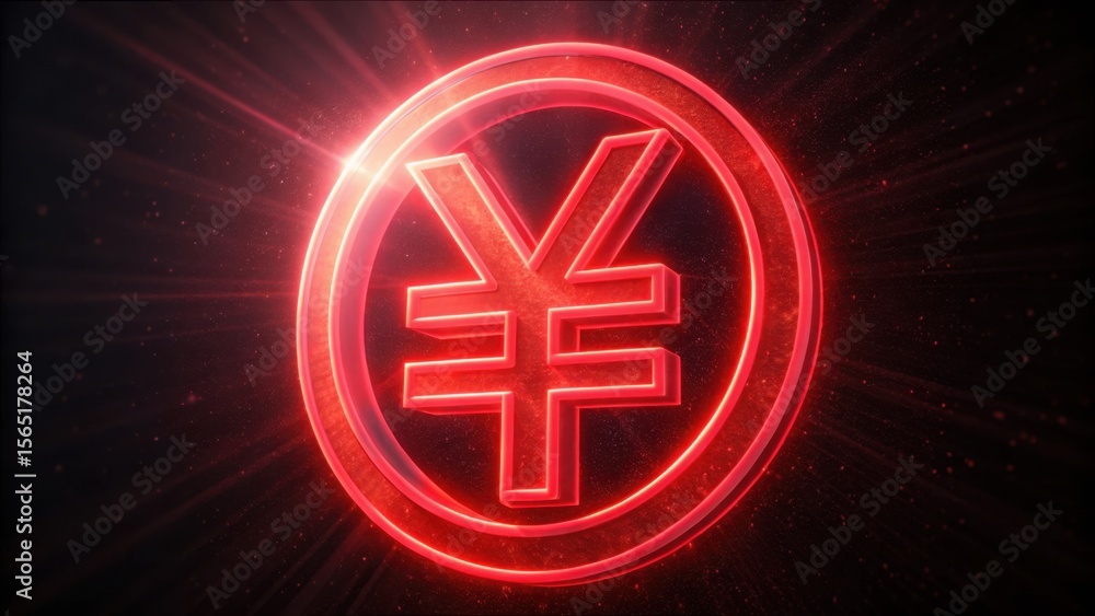 Poster neon red yuan icon with light flares in a dark background