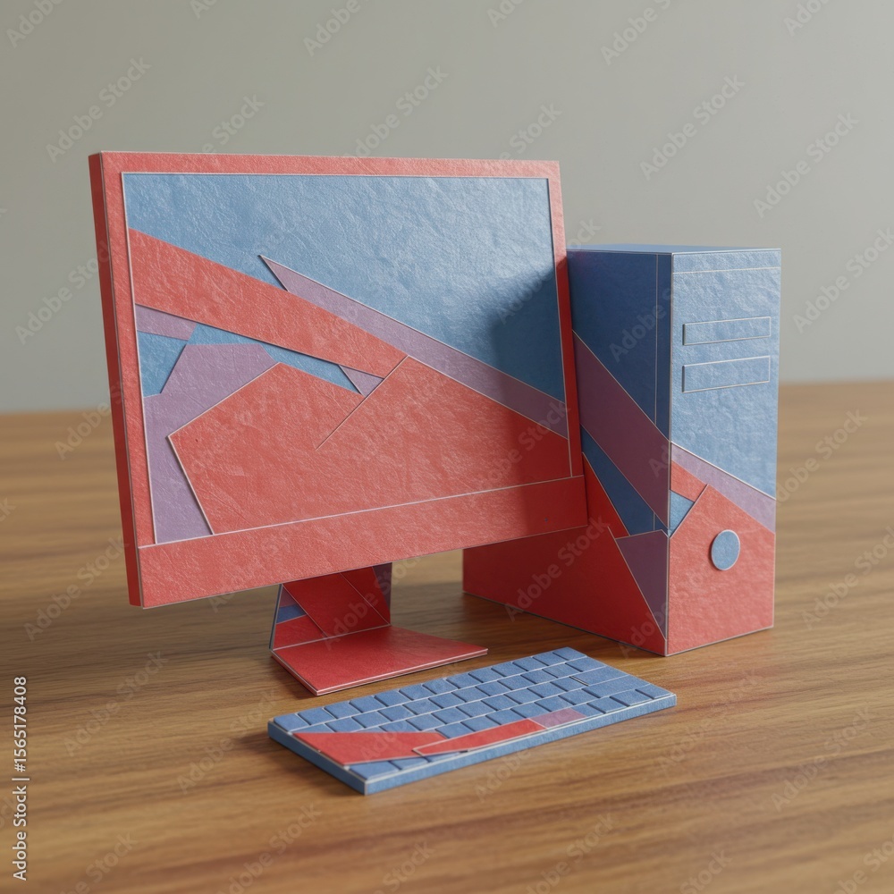 Fototapete Creative abstract geometric computer setup with monitor keyboard and tower in red and blue colors