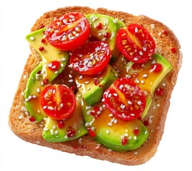 From above, a sandwich is pictured, consisting of avocado, tomato, cream cheese, and microgreens, all on a plain white background