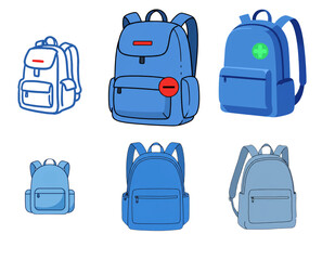 Collection of six diverse blue backpack illustrations