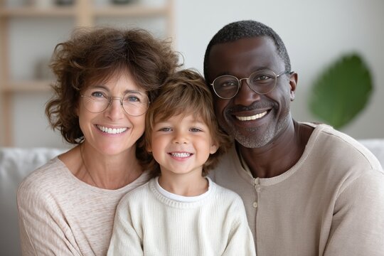 A serene summer day is the backdrop as a mixed-raced Afro American family sits in their living room looking at the camera