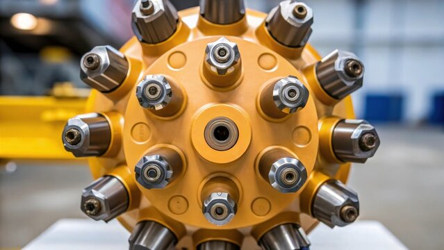 A closeup of a rotating drilling head equipped with specialized bits for ice and rock showing the engineering precision required for Arctic geology..