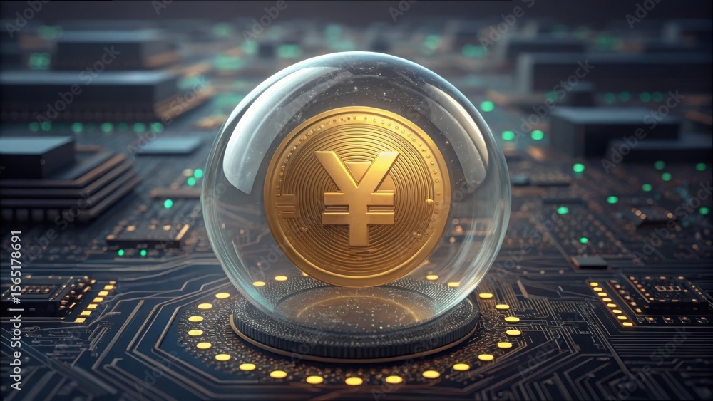Poster golden yuan coin in glass sphere on digital circuit background
