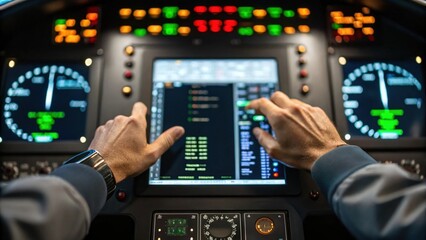A closeup view of an operators hands on a touchscreen interface manipulating data streams and adjusting settings while surrounded by blinking lights and digital gauges..