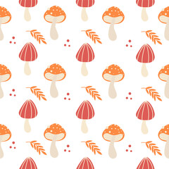 Cute mushrooms seamless pattern. Forest amanita background for kids