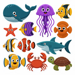 Whimsical ocean creatures cartoon collection animals fish
